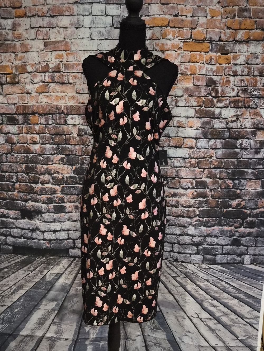 bebe Black Midi Dress with Pink Foil Floral NWT SZ 10